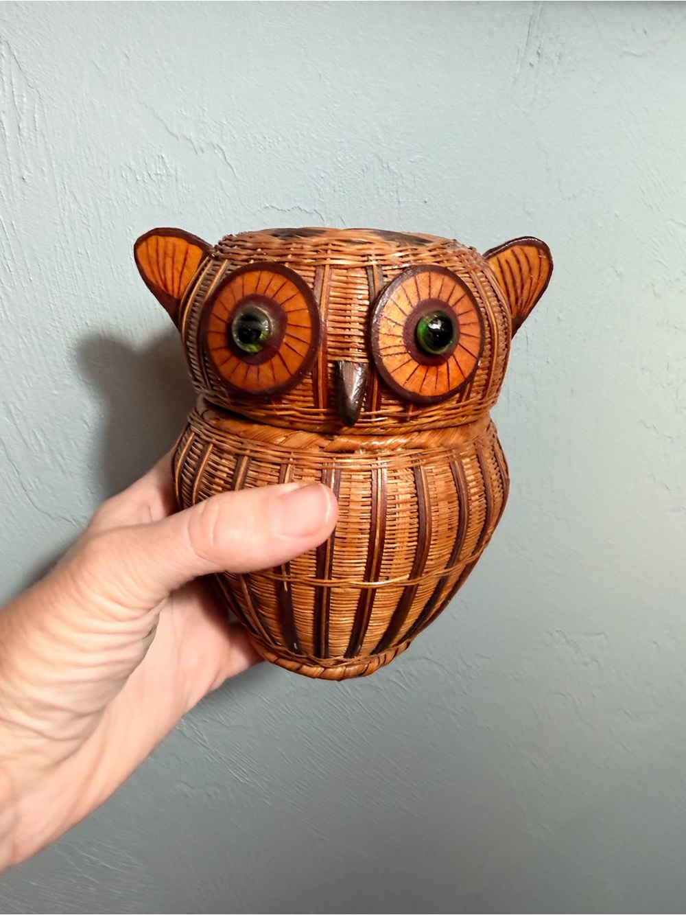Vintage Wicker Owl Basket with Lid | Handwoven Rattan Owl Container
